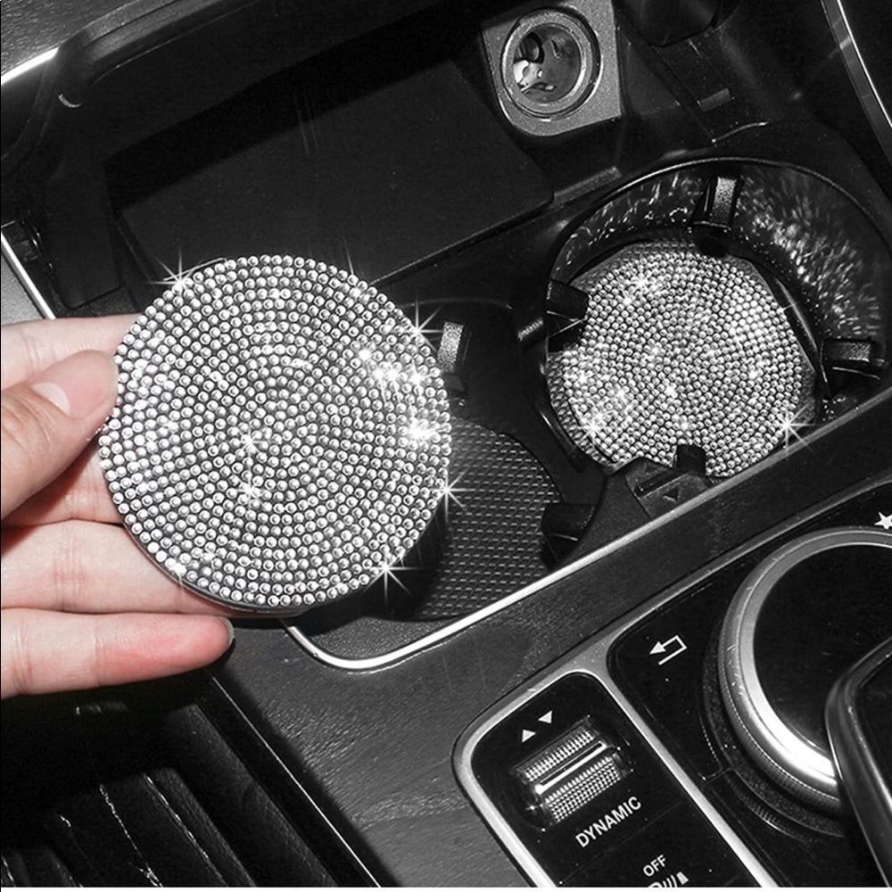 Silver Bling Rhinestone Car Cup Holder Coaster, 2 Pack